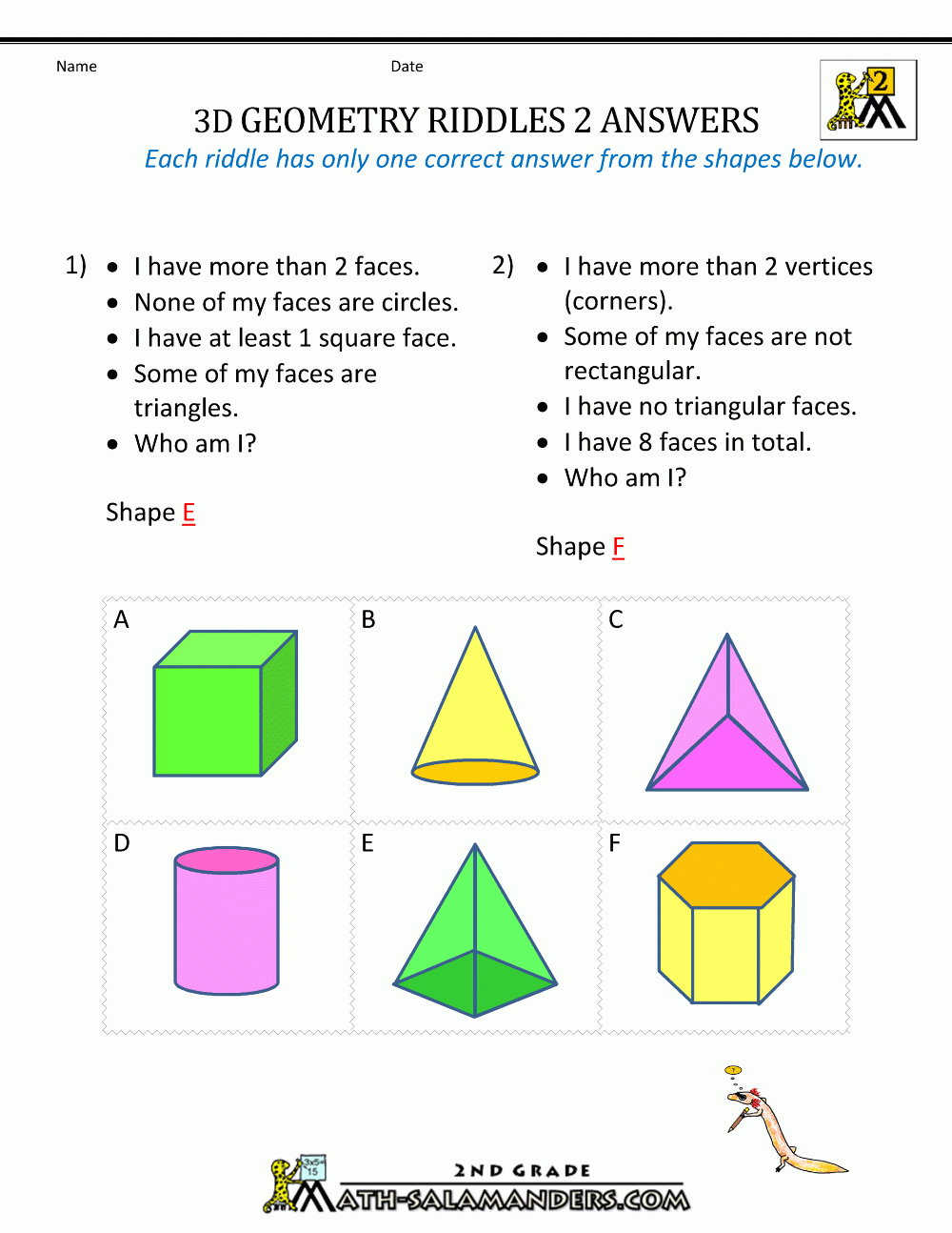 3d Shapes Worksheets 2nd Grade