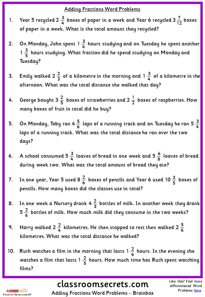 Adding Fractions Word Problems Classroom Secrets