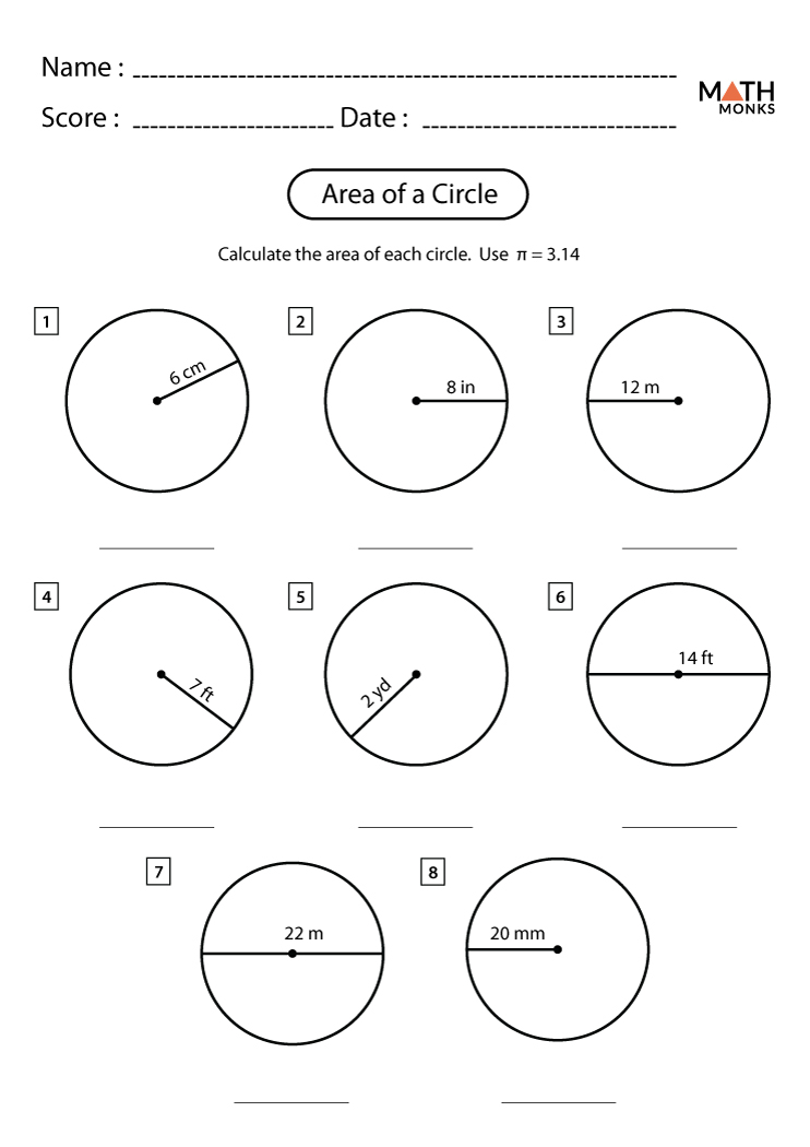 Area Of A Circle Worksheets Math Monks