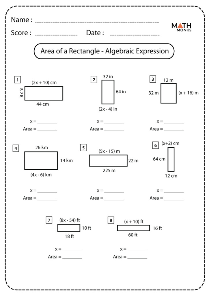 Area Of A Rectangle Algebraic Expression Worksheets Math Monks