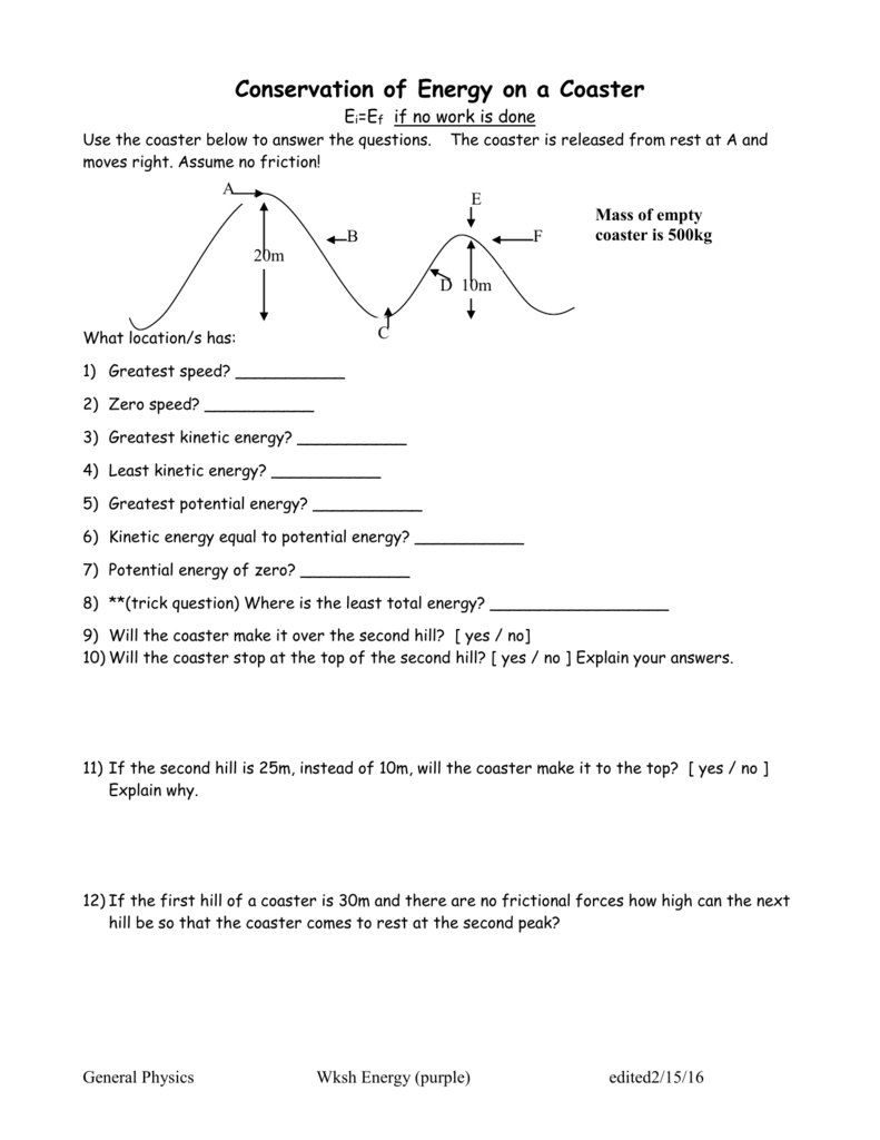 Conservation Of Energy On A Coaster Worksheet Db excel