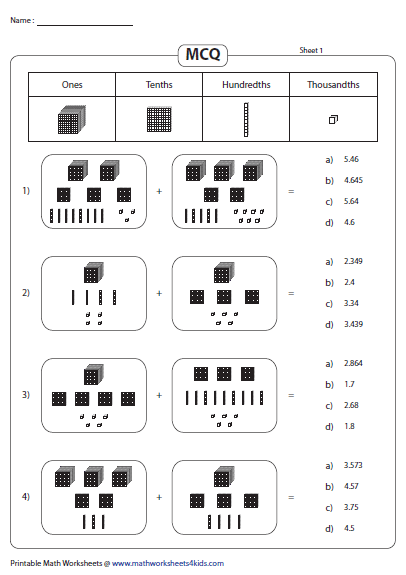 Decimals Using Base Ten Blocks Worksheets Worksheets Master