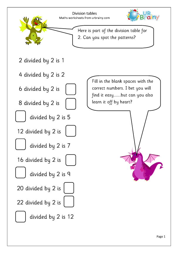 Division Tables Up To 12 Division Maths Worksheets For Year 2 age 6 