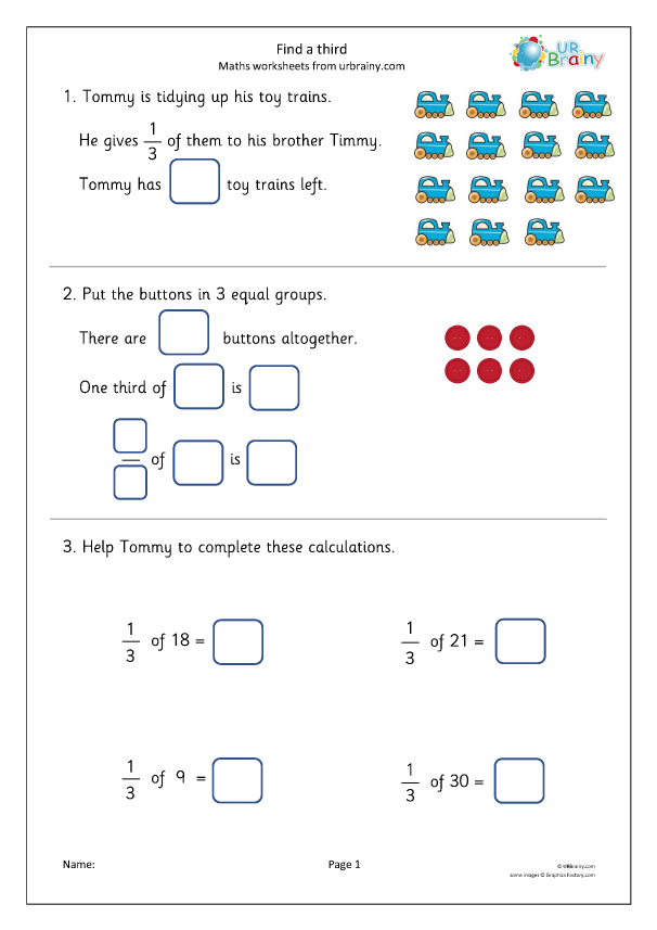 Find A Third Fraction Worksheets For Year 2 age 6 7 By URBrainy