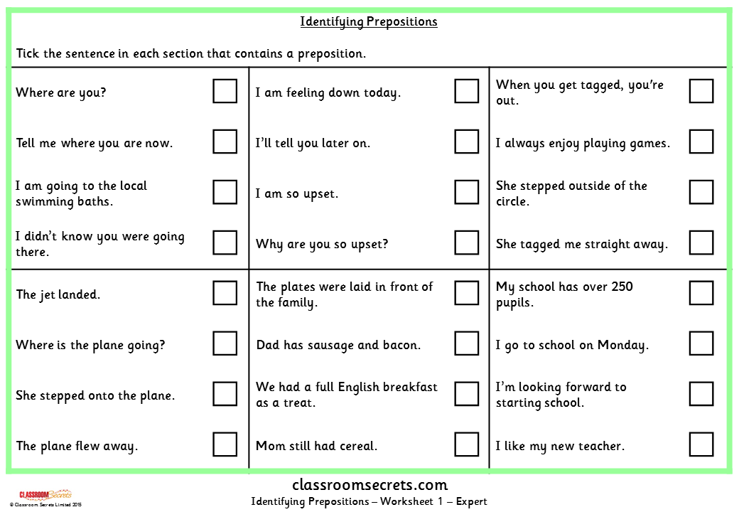 Identifying Prepositions KS2 SPAG Test Practice Classroom Secrets