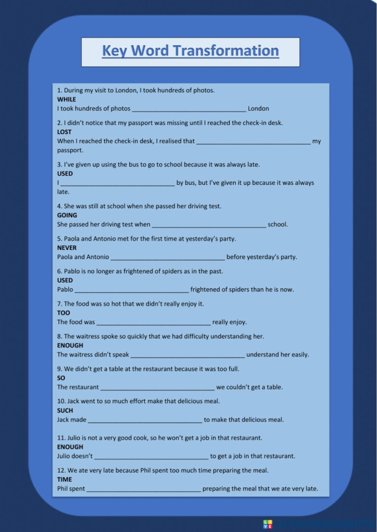 Key Word Transformation Fce B1 Worksheet