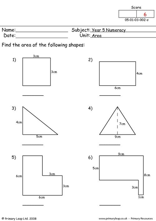 Numeracy Area Worksheet PrimaryLeap co uk