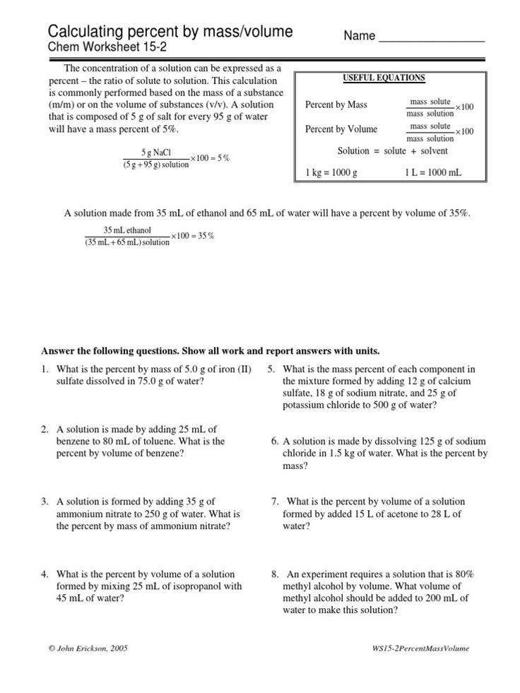 Percent Error Worksheet Answer Key Calculating Percent By Mass Volume