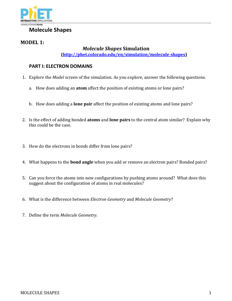 Phet Molecular Shapes Worksheet Answers Phet Molecule Shapes Student