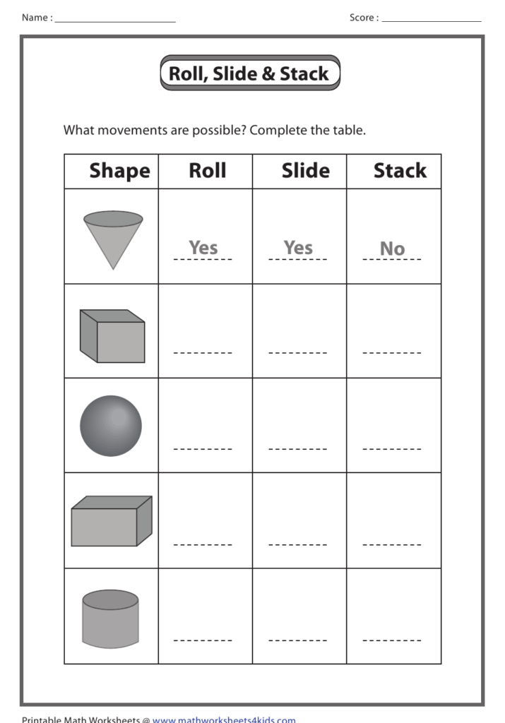 Roll Slide And Stack Shapes Worksheet With Answers Download Printable 