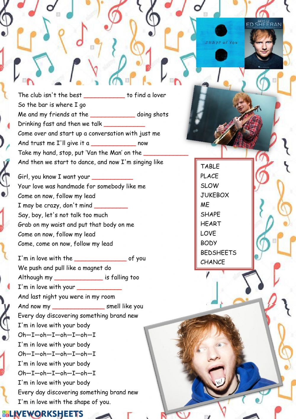 Song Shape Of You Ed Sheeran Worksheet