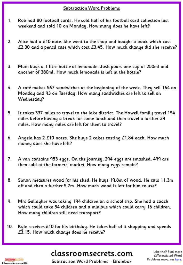 Subtraction Word Problems Classroom Secrets