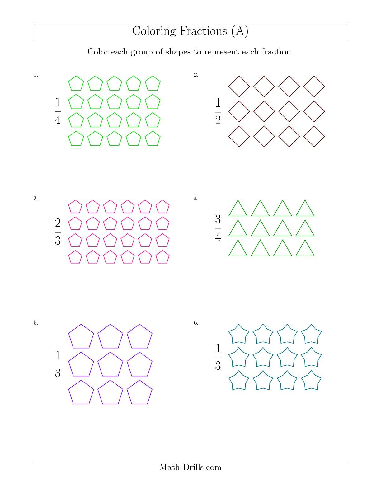 The Coloring Groups Of Shapes To Represent Fractions A Math Worksheet