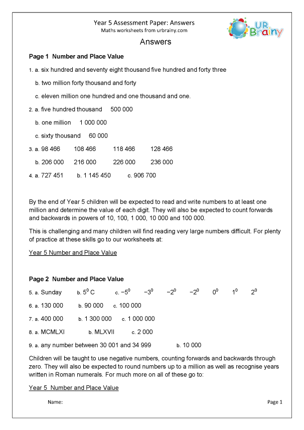 Year 5 Assessment Paper Answers Year 5 Assessment By URBrainy