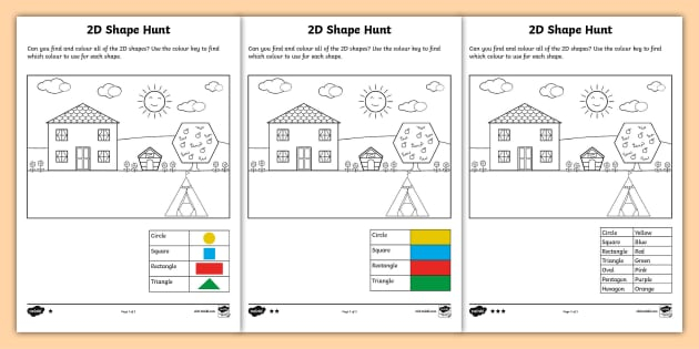 2D Shape Hunt Colouring Activity Sheets teacher Made 
