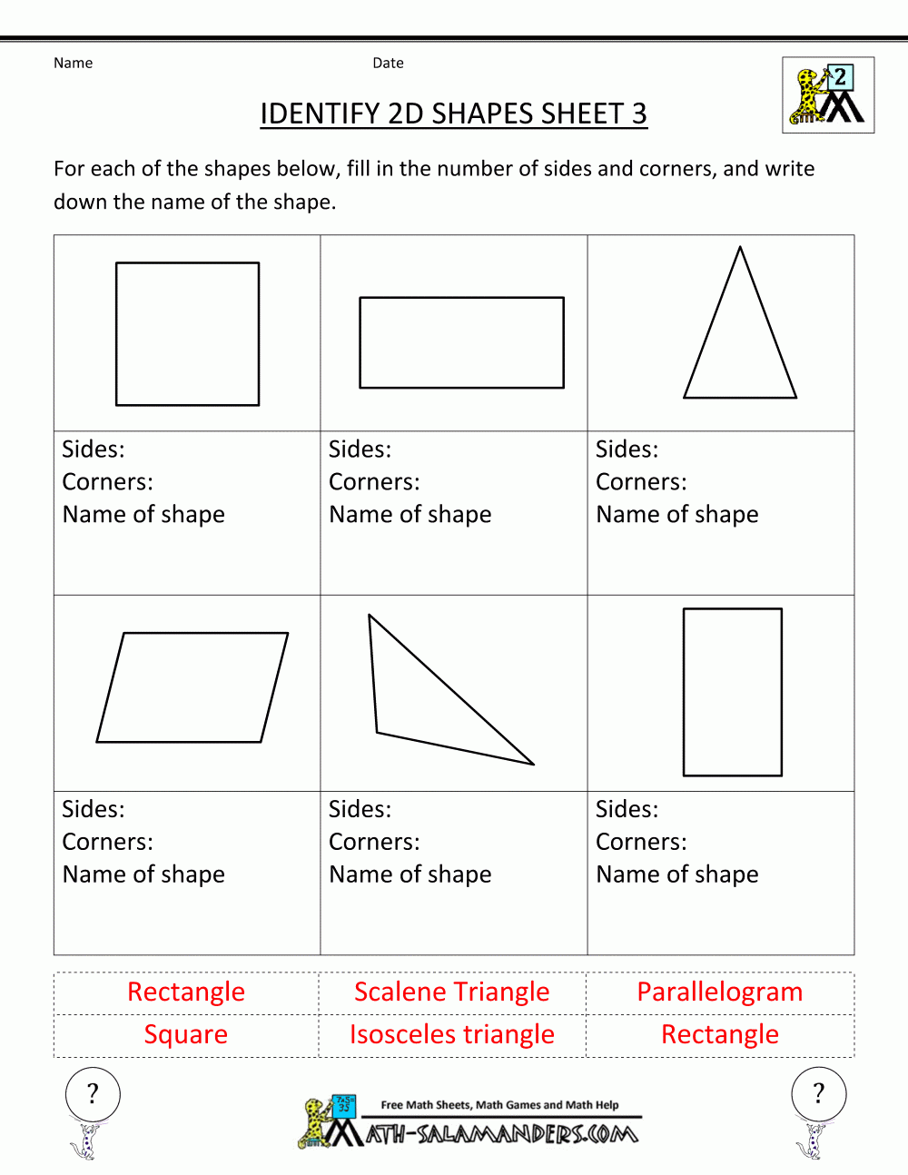 2D Shapes Worksheet 2Nd Grade Second Grade Geometry 