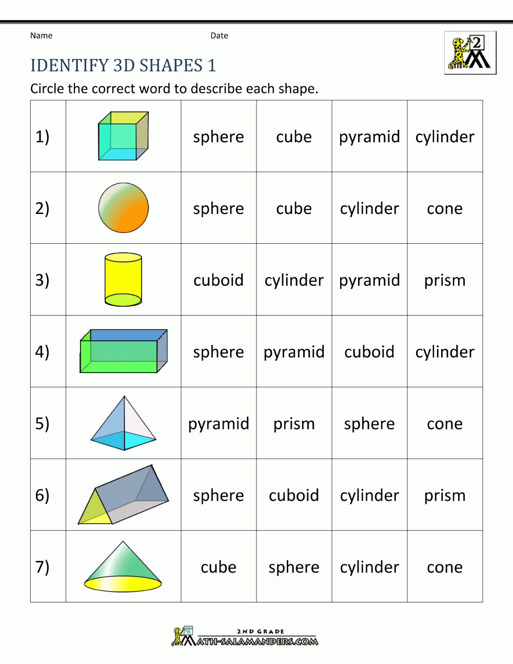 3d Shapes Worksheets 2nd Grade