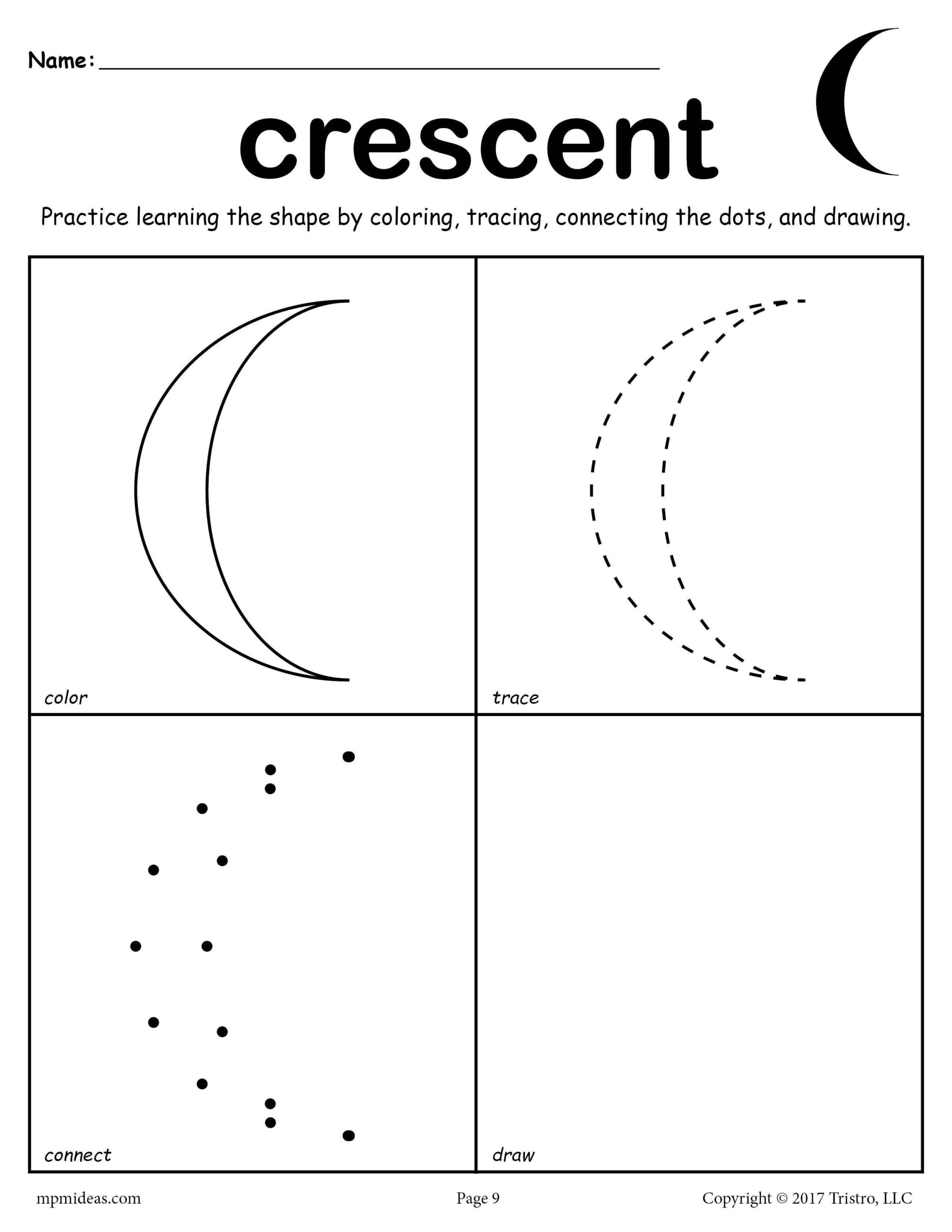 FREE Crescent Shape Worksheet Color Trace Connect Draw Shape 