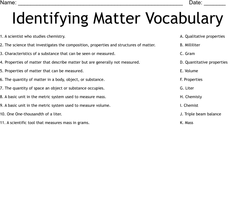 Identifying Matter Vocabulary Worksheet WordMint