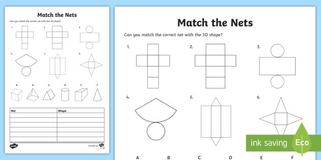 Match The 3D Shape Nets Worksheet Maths Resource Twinkl
